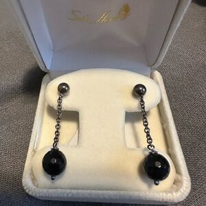 Silver-Tone Chain Drop Earrings with Black Faceted Beads